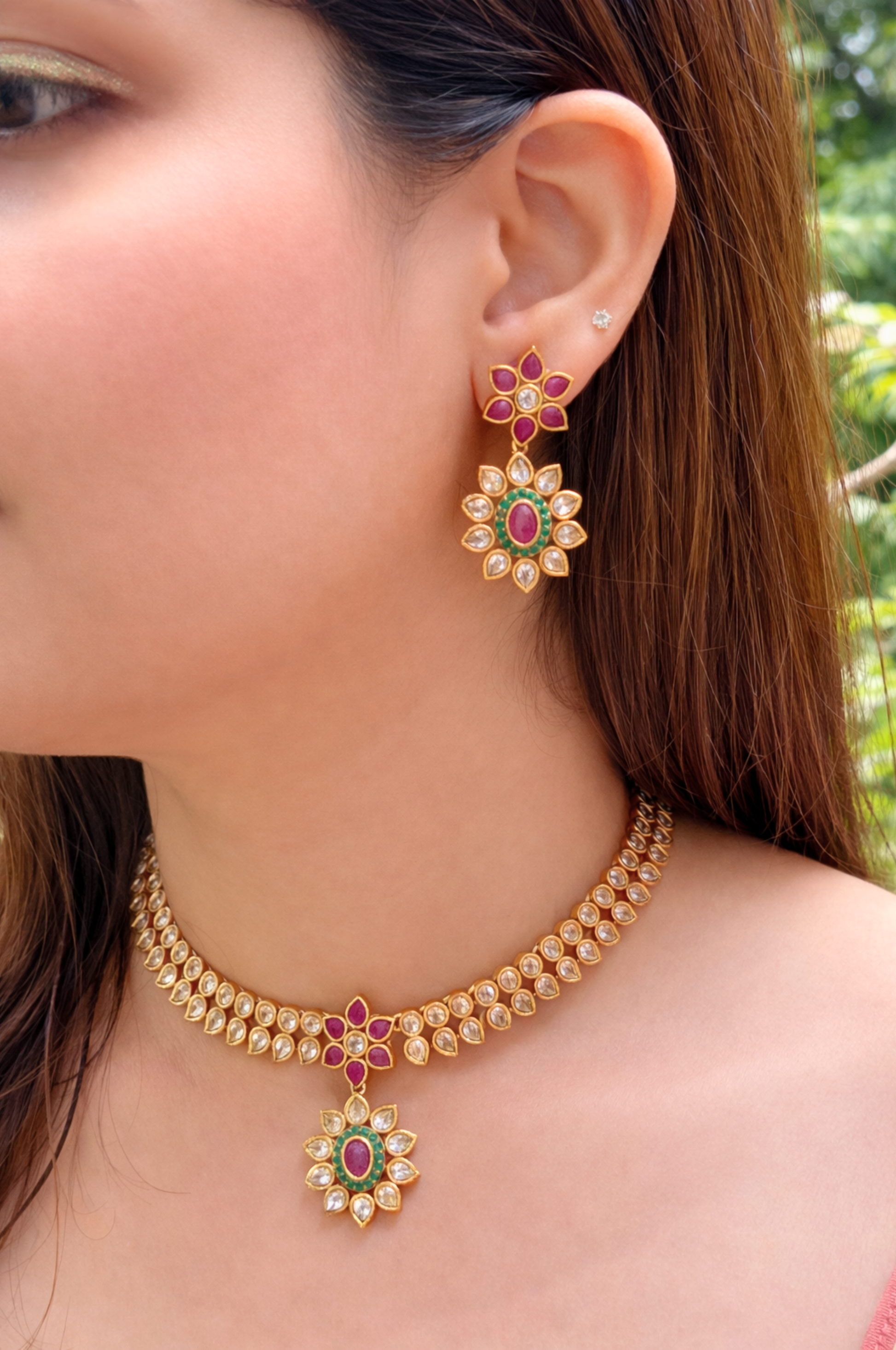 Temple Necklace Set with Synthetic Stones