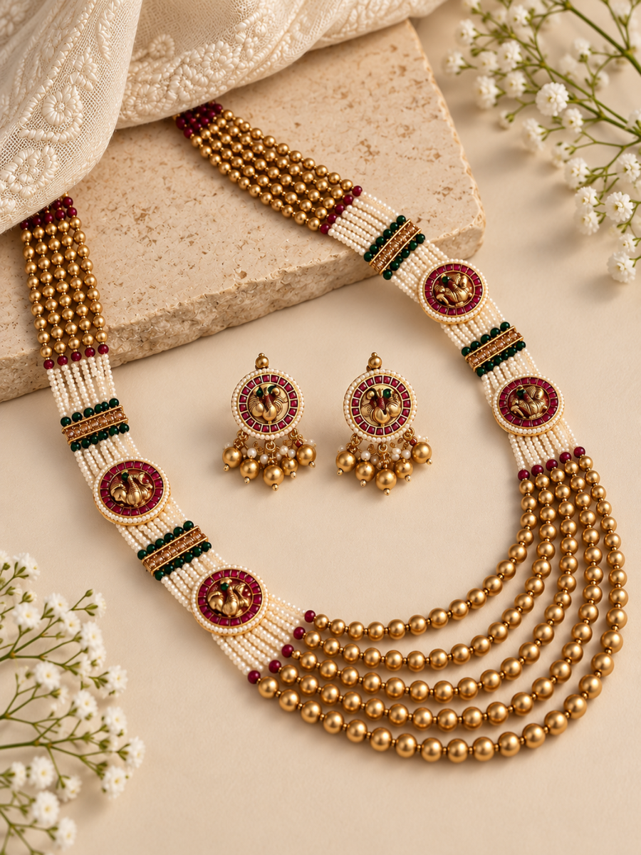 Pearl Temple Necklace Set with Beads