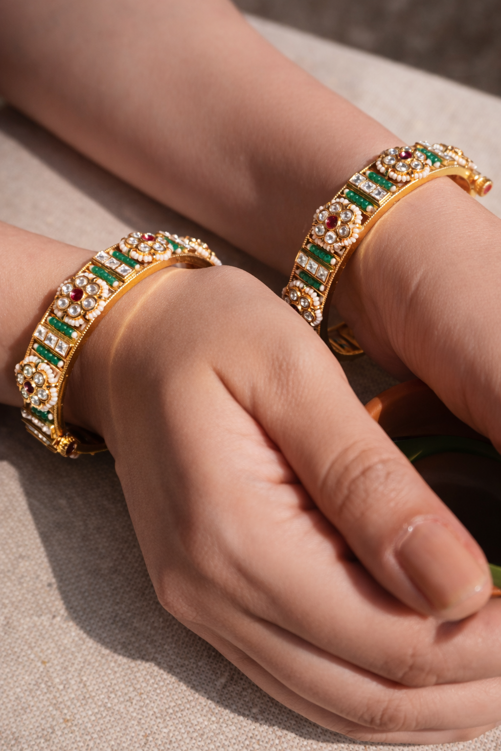 Vaishnavi Emerald Inlay Temple Bangle Set